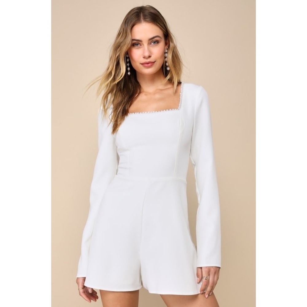 Lulus Aesthetic White Pearl Bow Long Sleeve Romper Medium - Picture 3 of 12